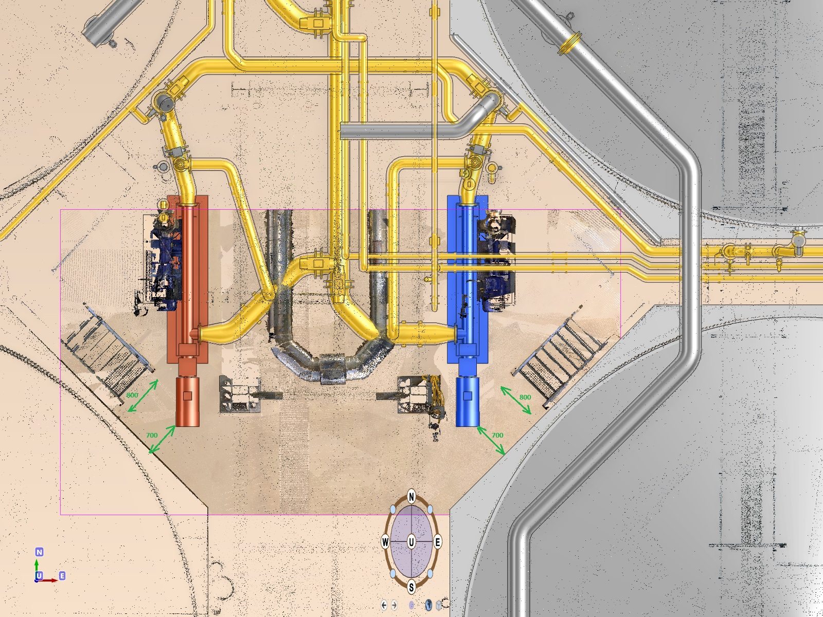 Top view of new pumps and piping modelled in 3D on the laser-scan point cloud of an existing tank farm
