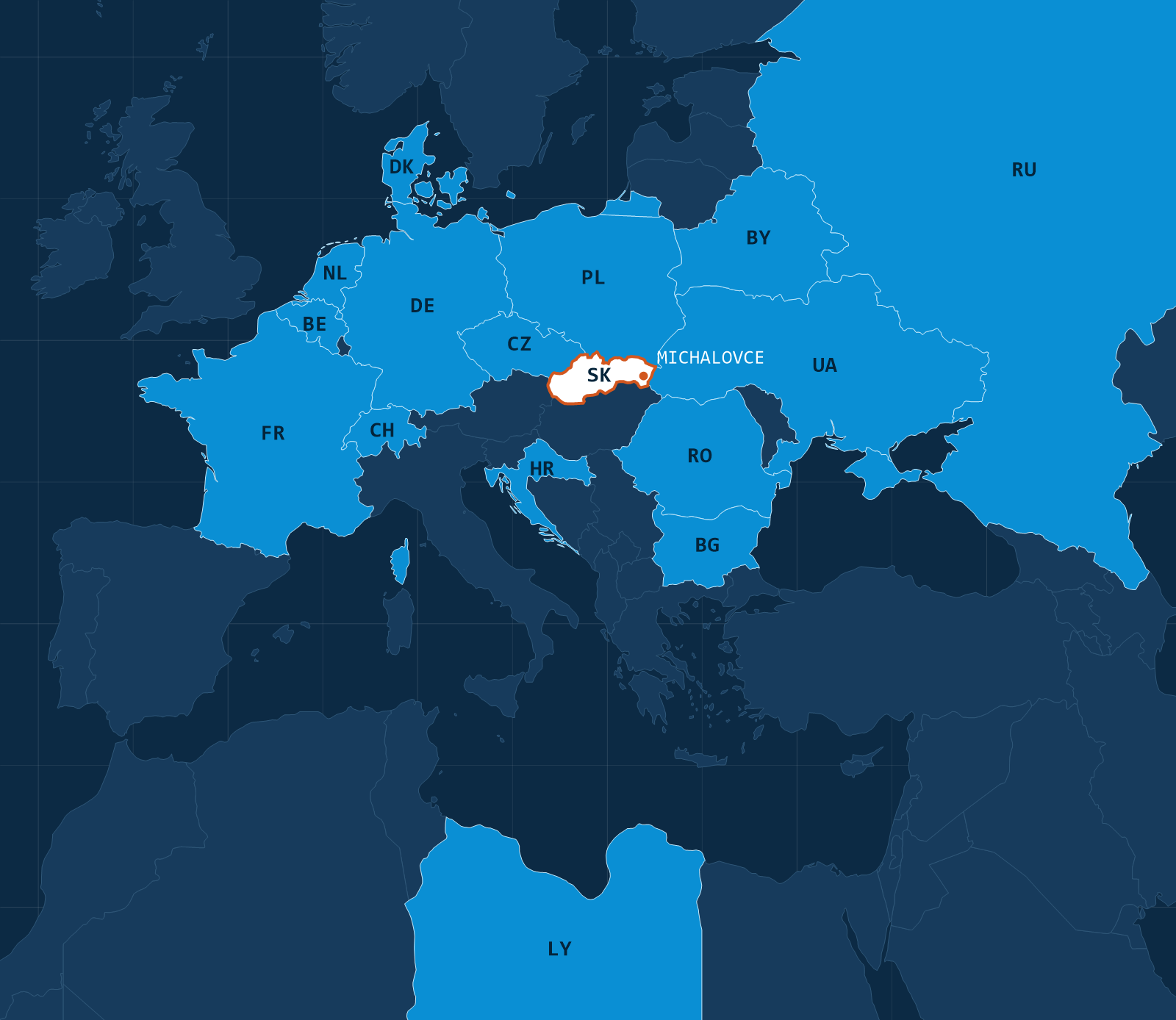 Map of Europe and the Mediterranean: countries with historical IPE project sites highlighted – Slovakia, the Czech Republic, Poland, Germany, France, Switzerland, the Netherlands, Belgium, Denmark, Croatia, Romania, Bulgaria, Ukraine, Belarus, Russia and Libya; Michalovce marked