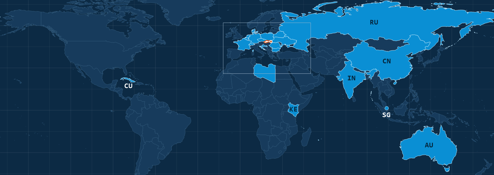 World map: countries with historical IPE project sites, including Cuba, Kenya, India, China, Singapore and Australia; the frame shows the area of the Europe map